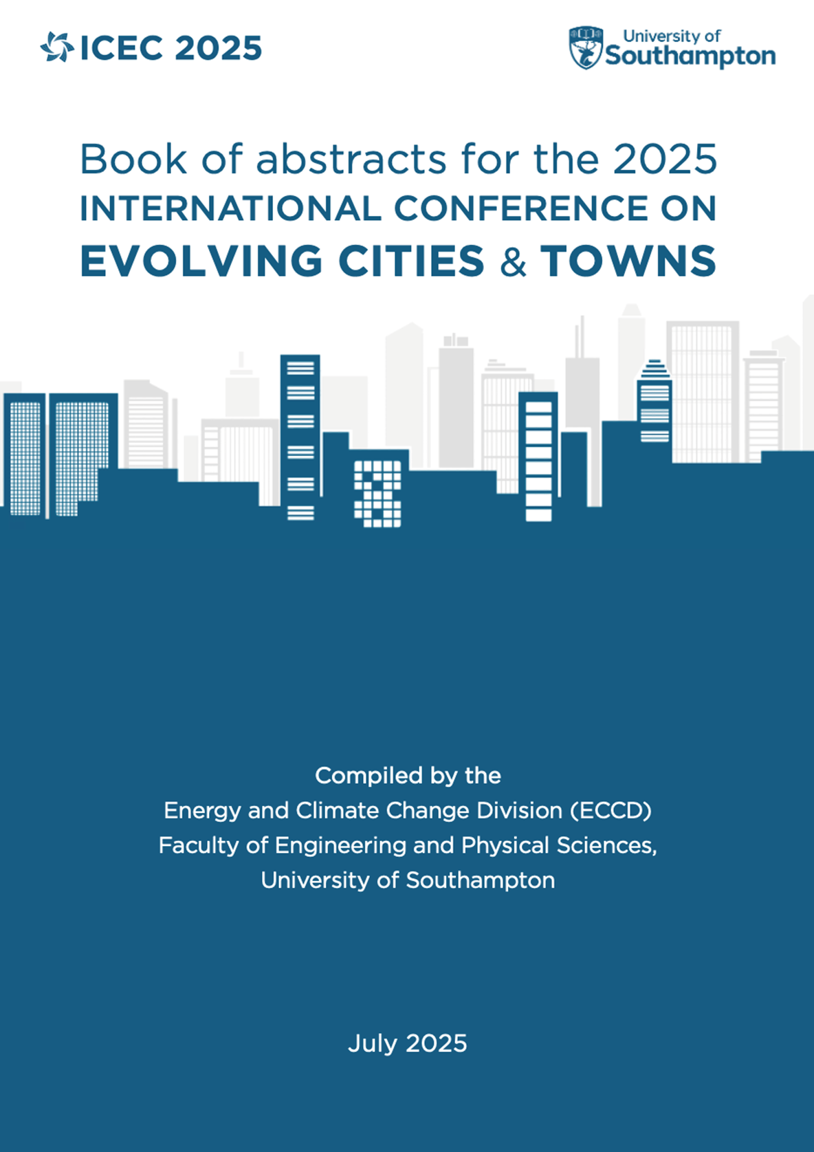 Front cover of the book of abstracts for ICEC 2025 with white background and stylized high rise buildings in blue